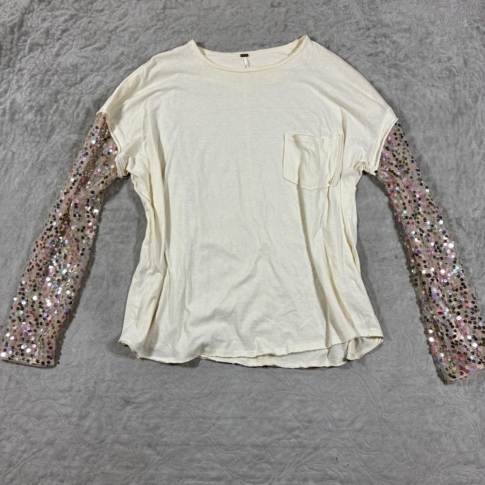 Free People Celine Sequin Sleeve Top Size M Cream Boho Chic Glam Oversized